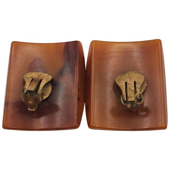 Brown Bakelite Earrings Vintage Clip Ons 1940s Art Deco Butterscotch Curved - Picture 6 of 7